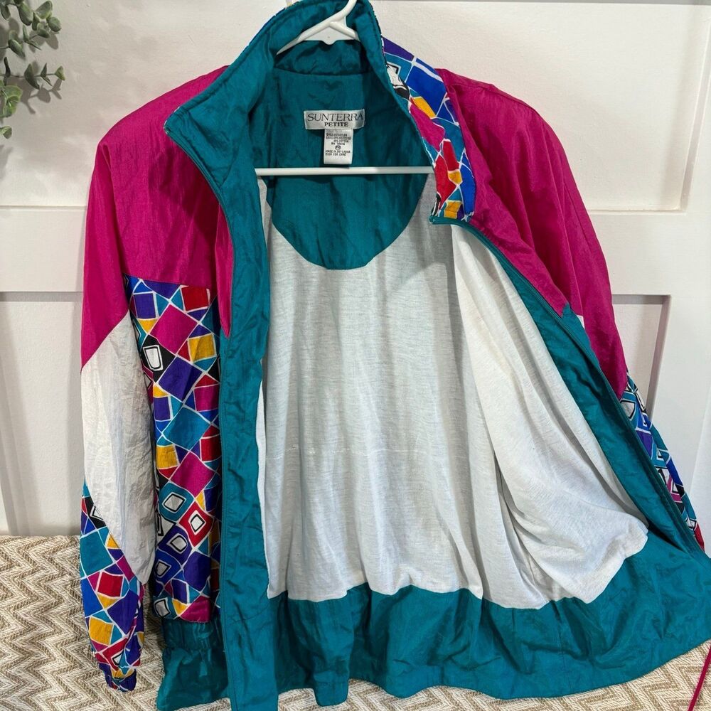 Sunterra Vintage 80's Windbreaker Full Zip Jacket Pink Green Squares Women's PM - Picture 7 of 8